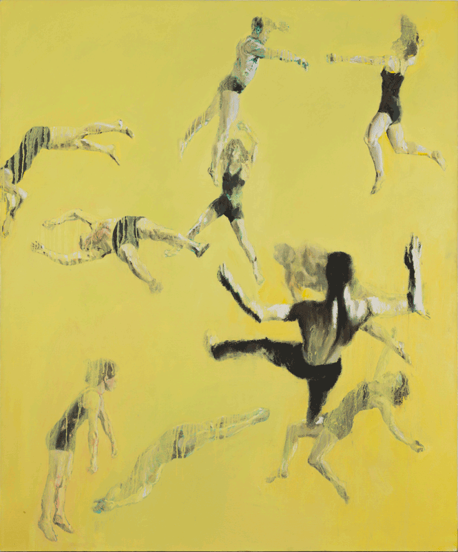 Falling, suspended and Spinning human figures- Chaotic composition of acrobats in an empty yellow universe